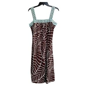 Tory Burch brown banana leaf teal beaded sleeveless dress 100% silk Sz Small